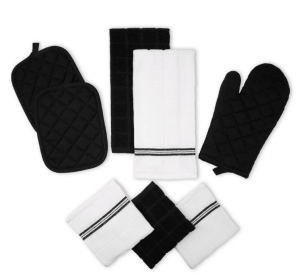 Mainstays Kitchen Towel, Dishcloth, Oven Mitt, and Pot Holder 8 Pack Set, Black, 100% Cotton