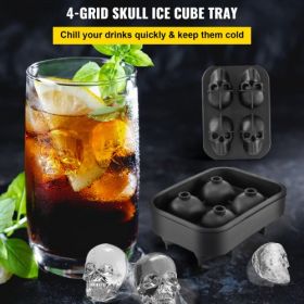 VEVOR Skull Ice Cube Tray, 4-Grid Skull Ice Ball Maker, Flexible Black Silicone Ice Tray with Lid & Funnel, Funny Skull Ice Cubes 1.6"x1.8" Each for B