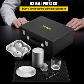 VEVOR Ice Ball Press Kit, Anodized 7075 Aluminum, w/ Silicone Moulds, Large Mat, Stainless Steel Tong & Two Glasses, Double Size Crystal Clear Rounds