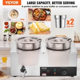 VEVOR Electric Soup Warmer, Dual 7.4QT Stainless Steel Round Pot 86~185°F Adjustable Temp, 1200W Commercial Bain Marie with Anti-dry Burn and Reset Bu