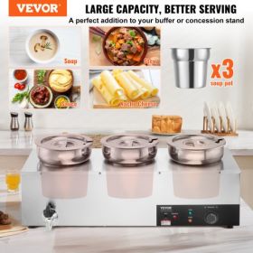VEVOR Electric Soup Warmer, Three 7.4QT Stainless Steel Round Pot 86~185°F Adjustable Temp, 1200W Commercial Bain Marie with Anti-dry Burn and Reset B