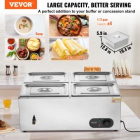 VEVOR 4-Pan Commercial Food Warmer, 4 x 12QT Electric Steam Table, 1500W Professional Countertop Stainless Steel Buffet Bain Marie with 86-185°F Temp