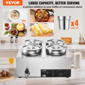 VEVOR Electric Soup Warmer, Four 7.4QT Stainless Steel Round Pot 86~185°F Adjustable Temp, 1500W Commercial Bain Marie with Anti-dry Burn and Reset Bu
