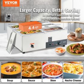 VEVOR 6-Pan Commercial Food Warmer, 6 x 8QT Electric Steam Table, 1500W Professional Countertop Stainless Steel Buffet Bain Marie with 86-185°F Temp C