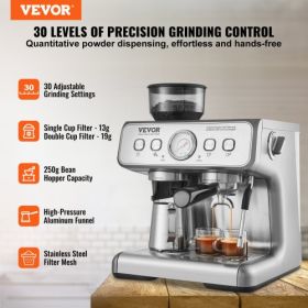 VEVOR Espresso Machine with Grinder, 15 Bar Semi-Automatic Espresso Coffee Maker with Milk Frother Steam Wand, Removable Water Tank & Pressure Gauge f