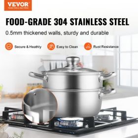 VEVOR Steamer Pot, 9.5in/24cm Steamer Pot for Cooking with 5QT Stock Pot and Vegetable Steamer, Food-Grade 304 Stainless Steel Food Steamer Cookware w