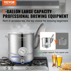 VEVOR Stainless Steel Kettle, 5 GALLON Brewing Pot, Tri Ply Bottom for Beer, Brew Kettle Pot, Home Brewing Supplies Includes Lid, Handle, Thermometer,