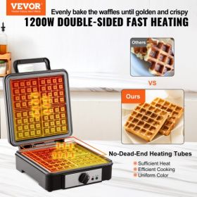 VEVOR Waffle Maker, 4 Slices per Batch, 1200W Square Waffle Iron, Non-Stick Waffle Baker Machine with 122-572℉ / 50-300℃ Temperature Range Teflon-Coat