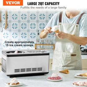VEVOR Automatic Ice Cream Maker with Built-in Compressor, 2 Quart No Pre-freezing Fruit Yogurt Machine, Stainless Steel Electric Sorbet Maker, 3 Modes