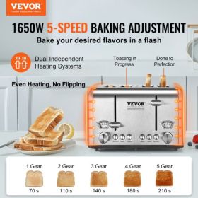 VEVOR Retro Stainless Steel Toaster, 4 Slice, 1625W 1.5'' Extra Wide Slots Toaster with Removable Crumb Tray 6 Browning Level, Reheat Cancel Defrost a
