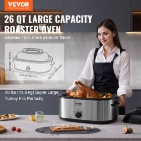 VEVOR Electric Roaster Oven, 26 QT Turkey Roaster Oven with Self-Basting Lid, 1450W Roaster Oven with Defrost & Warm Function, Adjustable Temperature,