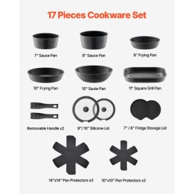 17 Piece Pots and Pans Set Granite Nonstick Kitchen Cookware Induction Black