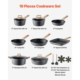 19 Piece Pots and Pans Set Granite Nonstick Kitchen Cookware Induction Black