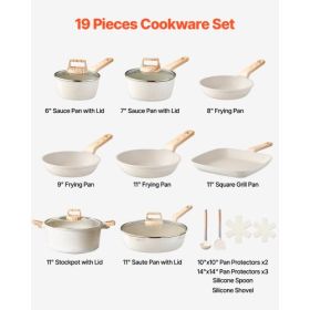 19 Piece Pots and Pans Set Granite Nonstick Kitchen Cookware Induction White
