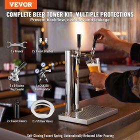 VEVOR Kegerator Tower Kit, Dual Taps Beer Conversion Kit, Stainless Steel Keg Beer Tower Dispenser with Dual Gauge CGA320 Regulator & D-System Keg Cou