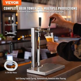 VEVOR Dual Taps Draft Beer Tower Dispenser, Stainless Steel Keg Beer Tower, Kegerator Tower Kit with Pre-Assembled Tubing and Self-Closing Faucet Shan