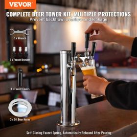 VEVOR Triple Taps Draft Beer Tower Dispenser, Stainless Steel Keg Beer Tower, Kegerator Tower Kit with Pre-Assembled Tubing and Self-Closing Faucet Sh