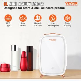 Vevor Mini Fridge for Bedroom, 6L Luxury Skin Care Fridges with Mirror and LED Light, AC/DC Cosmetic Fridge for Office Dorm Car, Small Makeup Refriger