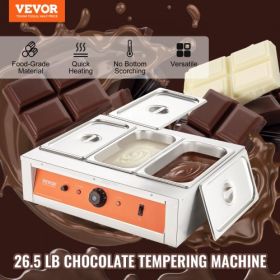 VEVOR Chocolate Tempering Machine, 26.5 Lbs 3 Tanks Chocolate Melting Pot TEMP Control 86~185℉, 1500W Stainless Steel Electric Commercial Food Warmer