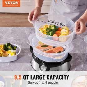 VEVOR Electric Food Steamer, 9.5Qt/9L Electric Vegetable Steamer with 3-Tier Stackable Trays, 800W Food-Grade Food Steamer for Cooking with 60-Min Tim