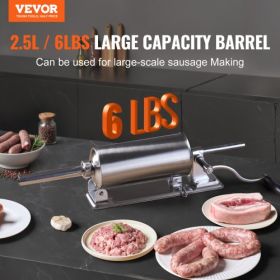 VEVOR Manual Sausage Stuffer, 2.5 L / 6 LBS Horizontal Sausage Machine with U-type Clamp, Made of Food-Grade Stainless Steel, Includes 8 Stuffing Tube