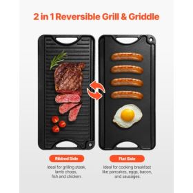 20x10in Reversible Grill Griddle Pre-Seasoned Rectangular BBQ Pan Cast Iron