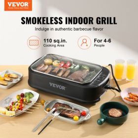 VEVOR Smokeless Indoor Grill, 110 sq.in 1500W Electric BBQ Grill with Non-Stick Surface, Adjustable Temperature, Turbo Smoke Extractor, Detachable Dis
