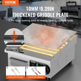 VEVOR Commercial Electric Griddle, 1700W Countertop Flat Top Grill, 122℉-572 ℉ Adjustable Temp, 14.17 x 11.81 x 0.39in Stainless Steel Griddle Grill w