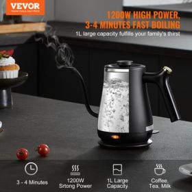VEVOR 1L Electric Gooseneck Kettle, 1200W Fast Heating Gooseneck Pour Over Coffee Tea Kettle, 304 Food Grade Stainless Steel Hot Water Boiler Heater w