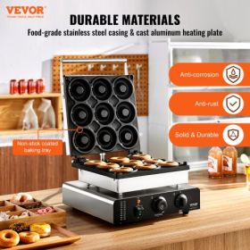 VEVOR Electric Donut Maker, 2000W Commercial Doughnut Machine with Non-stick Surface, 9 Holes Double-Sided Heating Waffle Machine Makes 9 Doughnuts, T