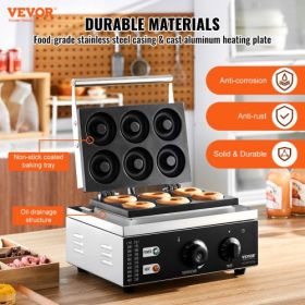 VEVOR Electric Donut Maker, 1550W Commercial Doughnut Machine with Non-stick Surface, 6 Holes Double-Sided Heating Waffle Machine Makes 6 Doughnuts, T