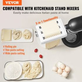 VEVOR Pasta Attachment for KitchenAid Stand Mixer, 3-IN-1 Stainless Steel Pasta Roller Cutter Set Including Pasta Sheet Roller, Spaghetti and Fettucci