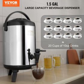 VEVOR Stainless Steel Insulated Beverage Dispenser, 1.5 Gallon 6 Liter, Thermal Hot and Cold Drink Server Dispenser with Spigot Handle, Food-grade for