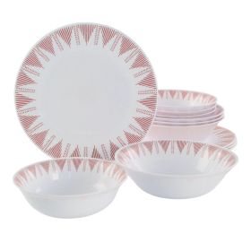 Ultra by Gibson Piper Point 12 Piece Opal Glass Dinnerware Set (Color: White With Red Accents)
