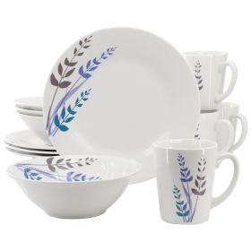 Gibson Home 12 Piece Round Fine Ceramic Dinnerware Set (Option: Blue Leaves Decorated, Color: White)