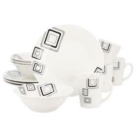 Gibson Home 12 Piece Round Fine Ceramic Dinnerware Set (Option: Black Squares, Color: White)