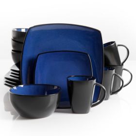 Gibson Soho Lounge 16 Piece Square Stoneware Dinnerware Set (Color: Blue and Black)