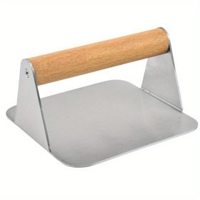 1pc; Burger Press; 304 Stainless Steel Meat Press; Round Or Square Burger Smasher; Grill Press Perfect For Kitchen Accessories; Home Kitchen Items (material: Square Meat Press With Wooden Handle)