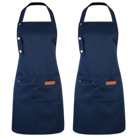 2-Pack Waterproof Kitchen Bib Aprons with Adjustable Straps & Front Pockets – Unisex Cooking, Baking, BBQ, Craft Aprons (Color: navy)