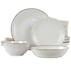 Elama Countess 16 Piece Embossed Stoneware Dinnerware Set (Option: Double Bowl, Color: Ivory)