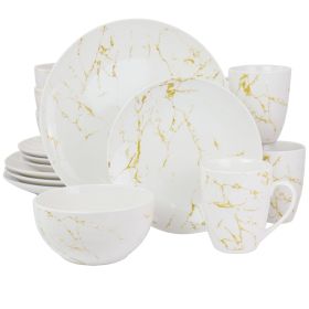 Elama Fine Marble 16 Piece Stoneware Dinnerware Set (Color: Gold and White)