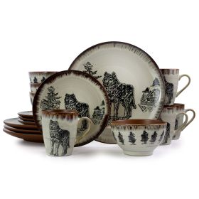 Elama Majestic 16 Piece Luxurious Stoneware Dinnerware with Complete Set (Option: Majestic Wolf)